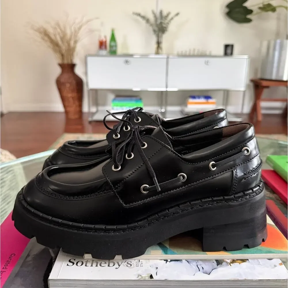 By Far Women's Stanley Black Glossed Leather Platform Loafers